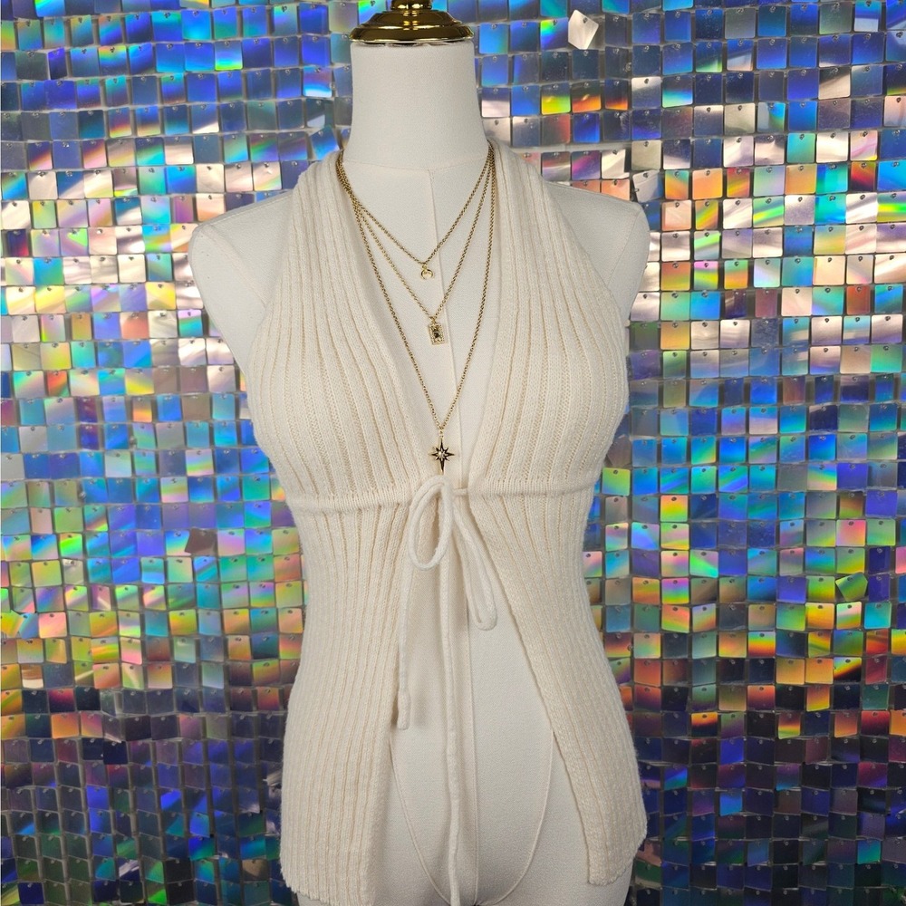 Halter Knit Top Womens XS Cream Excellent Ribbed Tie Front Backless Boho
